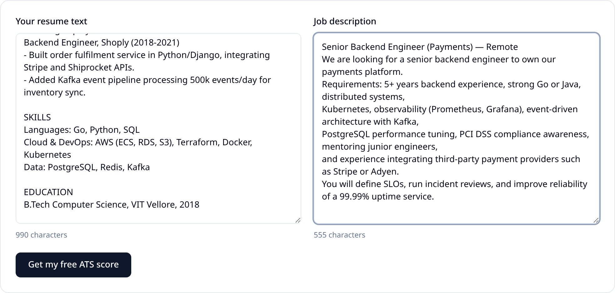 CareerPilot AI free ATS resume checker with a backend engineer resume pasted on the left and a Senior Backend Engineer job description on the right